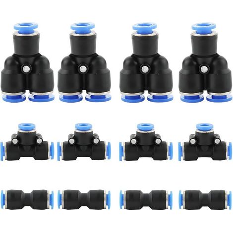 12 pcs Pneumatic Hose Fittings, Push-in Pneumatic Fixings, Pneumatic Air Hose Fitting, 1/4 inch (6mm: Y+T+I Type Combo) (1/4)