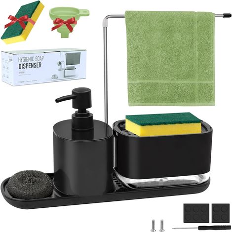 Distributeur Savon Cuisine, 4 en 1 Distributeur Liquide Vaisselle avec Entonnoir et éponge, Distributeur de Savon Cuisine de Détergent Rechargeable, pour Évier de Cuisine Bains(Noir) (1/5)
