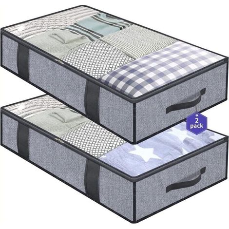 2 Boîtes de rangement sous le lit, 100 x 50 x 18 cm, 90 L, tissu non tissé + polyester Oxford, poignées renforcées, pour couettes et vêtements (1/5)