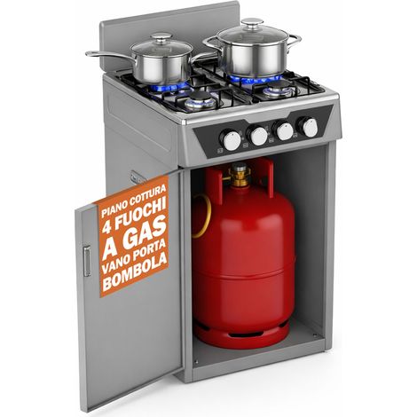 Fornello a Gas 4 Fuochi Grigio in Metallo con Vano Portabombola per Interno ed Esterno Staylux M-Poker (1/5)