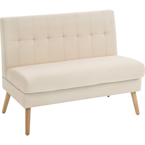 Sofá de 2 plazas beige de tejido efecto lino con respaldo capitoné y patas de madera (1/5)