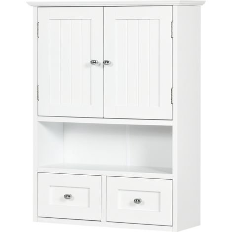 kleankin Mobiletto Pensile Bagno 2 Ante con Ripiano Aperto e 2 Cassetti Bianco (1/5)