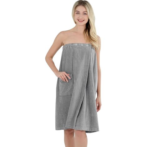 Jupe de Sauna 100% Coton Femme, Serviette de Bain Femme Douce et Confortable, Kilt de Sauna Absorbante, Ajustable avec Boutons, Pochettes, Peignoir pour Douche Plage Piscine (Gris, 80x145cm) (1/5)