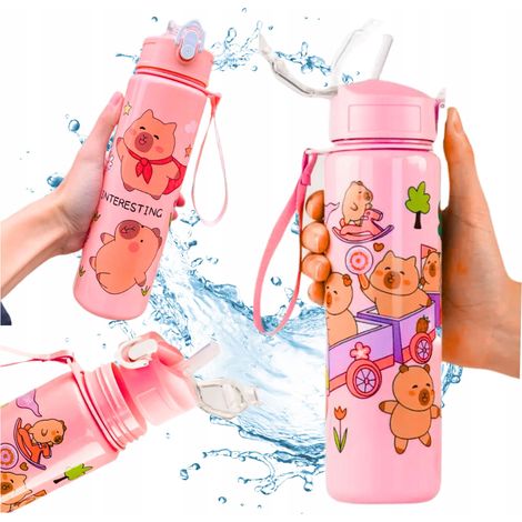 Botella de agua Capybara con pajita para niños, ideal para llevar al colegio, 690 ml. (1/5)