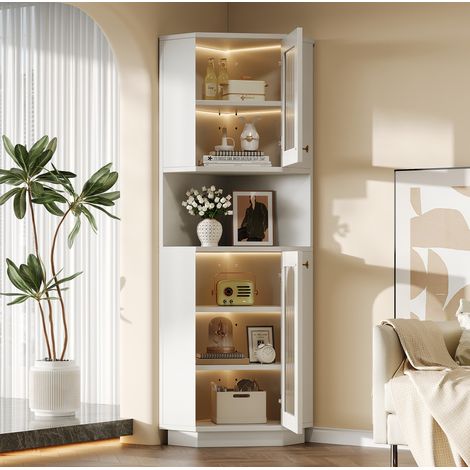 Mueble de baño de esquina con banda luminosa, 45 x 45 x 166,5 cm, blanco en MDF HAVRYA (1/5)
