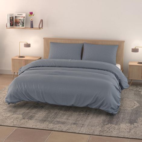 Parure Housse de Couette Effet Water Washed, Bleu, Double (1/4)