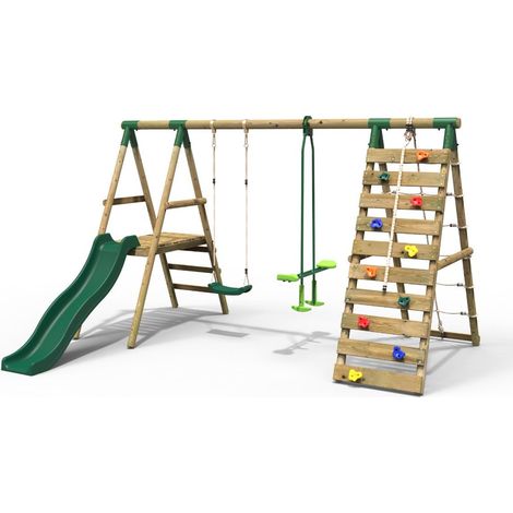 Rebo Wooden Swing Set with Deck and Slide plus Up and Over Climbing Wall - Obsidian Green