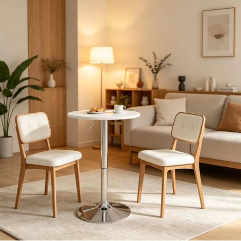 Mesa alta redonda regulable Ø60 cm blanca, altura 68-88 cm, MDF y metal, MEUBLIV (1/4)