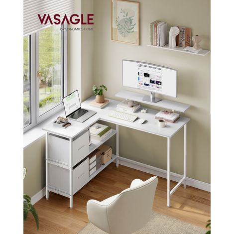 Vasagle – Bureau d'angle en forme de L 115 x 105 cm – 2 tiroirs spacieux – Support de moniteur réglable – Acier et aggloméré – Blanc érable (1/5)