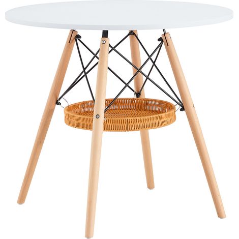 Table à manger ronde Ø 80 cm avec plateau MDF blanc et pieds en bois massif, équipée d'un panier de rangement suspendu tressé (1/5)