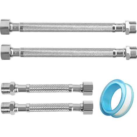 4 tuyaux flexibles de 3/8", en acier inoxydable 304, rallonges de tuyau flexible pour robinets de salle de bain et de toilettes (10 cm/20 cm)