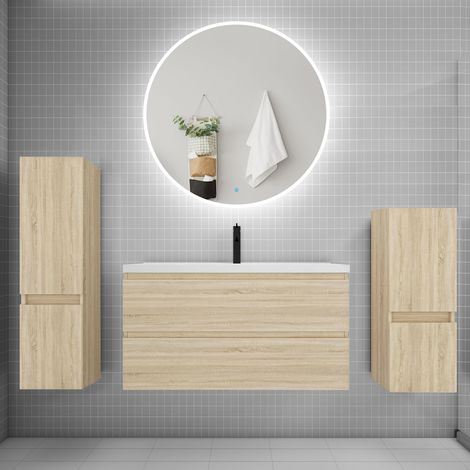 Ensemble meuble vasque L.99cm 2 tiroirs + lavabo + LED miroir rond 100cm + 2colonne,chêne