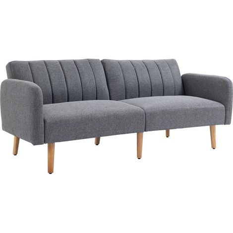 Canapé-lit 2 places tissu aspect lin polyester structure bois d'hévéa gris 173x75x73 cm