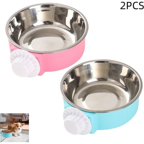 2 pezzi - Ciotole per cibo e acqua per gabbia per cani - Ciotole sospese in acciaio inox per cibo e acqua - per gabbia per cani per cuccioli, gatti, conigli, furetti, porcellini d'India - Rosa e blu - (1/5)