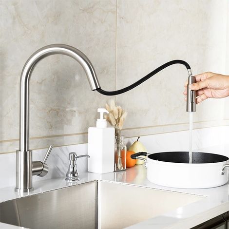 Robinet Cuisine, Mitigeur évier en Acier Inoxydable 304, Robinet évier Rotatif à 360° avec Douchette Extractible (1/4)