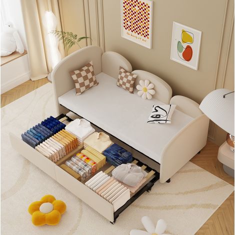 Cama individual infantil 90x200 cm de metal y terciopelo beige FloraGrace (1/5)