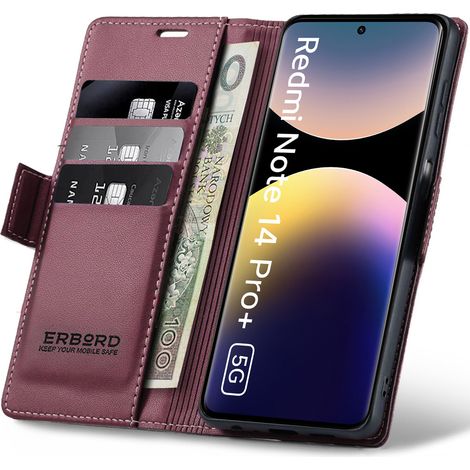 Custodia per Xiaomi Redmi Note 14 Pro+ 5G / Xiaomi Poco X7 5G / Xiaomi Redmi Note 14 Pro 5G, erbord Glossy Litchi, custodia a portafoglio con patta, rossa (1/5)
