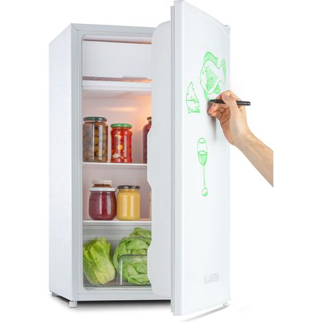 Klarstein Spitzbergen Kühlschrank, Energieeffizienzklasse E, Gefrierfach, ZestfulART Design: Beschreibbare Tür inklusive Marker, 2 Türfächer, Weiß, 90 l