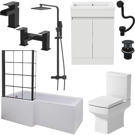 Complete Bathroom Suite Black 1700 L Shape LH Bath Screen Vanity WC Shower Taps (1/5)