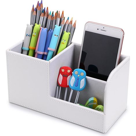 Boîte de rangement de bureau en cuir 3 grilles (blanc) (1/2)