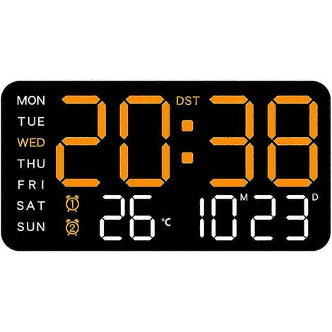 Une horloge numérique moderne sans cadre, idéale pour les bureaux, dotée d'un grand écran LED, de deux alarmes, et convenant également aux chambres et aux salons, avec un abat-jour noir et orange. (1/5)