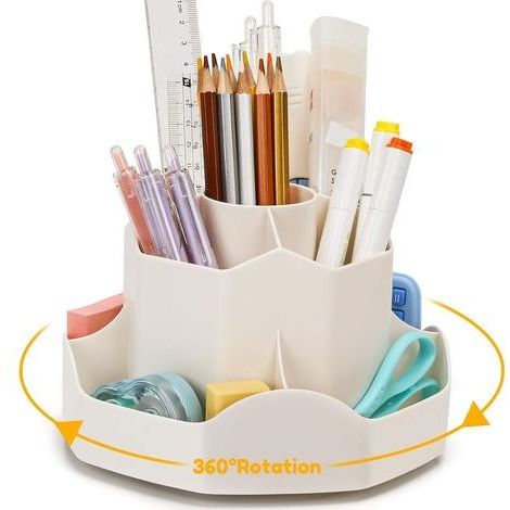 Organiseur de bureau rotatif. porte-crayons à 9 compartiments indépendants. organiseur de bureau à 360°. porte-stylos gain de place pour bureaux d'enfants (beige) (1/5)