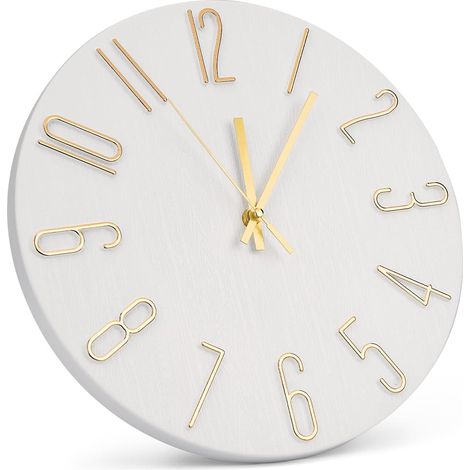 Horloge murale silencieuse de 30 cm (12 pouces) – Imitation bois – Blanc – Chiffres 3D – Ronde – Mouvement à quartz moderne – Idéale pour la maison, le bureau, la chambre et la cuisine. (1/5)