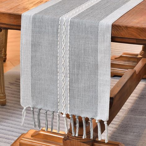 Runner da tavolo in cotone e lino ricamato per interni/esterni in stile rustico, grigio, 120 cm con nappe fatte a mano per feste, sale da pranzo e decorazioni per la cucina (grigio, 90 cm)