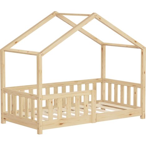 ML-Design Kinderbett Hausbett 70x140 cm Natur, Holzbett mit Rausfallschutz, Lattenrost und Dach, Spielbett aus massivem Kiefernholz für Kinder, Montessori Bodenbett Bettgestell Bettenhaus Juniorbett