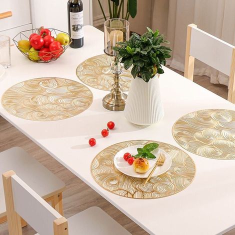 Lot de 6 sets de table ronds dorés, napperons en PVC doré, napperons creux, napperons en vinyle pressé, napperons antidérapants résistants à la chaleur pour mariage, napperons lavables (1/5)