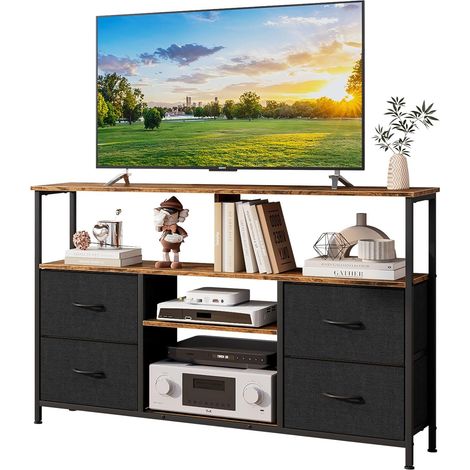 Meuble TV 120 cm de Long,Table Télé avec Étagères Réglables,Meuble Télé de Salon avec Tiroirs en Tissu,Cadre en Métal, Marron Rustique et Noir (Brune) (1/5)