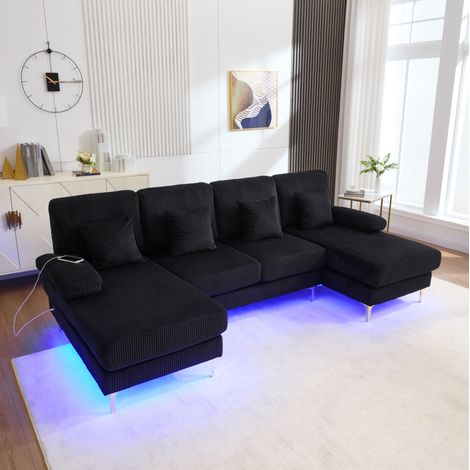 U-Form Sofa mit LED-Beleuchtung und USB-Anschluss aus Samt OKMYHOME