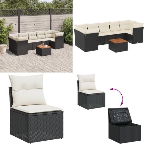Salon de jardin 8 pcs avec coussins noir résine tressée - Ensemble Salon De Jardin - Mobilier Extérieur - Canapé Jardin - Résine Tressée - Rotin Synthétique - Home & Living (1/5)