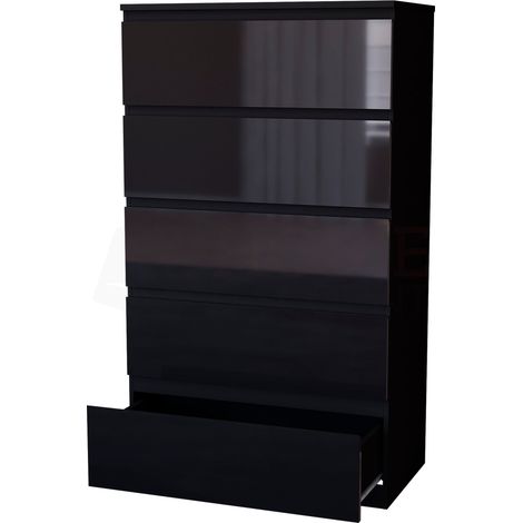 Glinton 5 Drawer Chest of Drawers High Gloss Bedroom Storage Furniture, 100% FSC, Black (1/5)