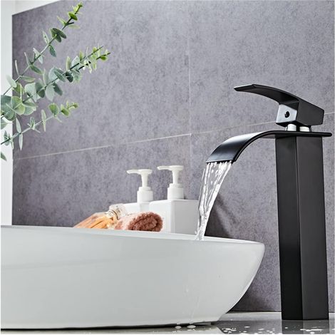 NOLUXA Robinet Noir - Cascade avec Haut Bec - Mitigeur Lavabo Haut Mono-trou - Mélangeur l'Eau Chaude et Froide pour Salle de Bain