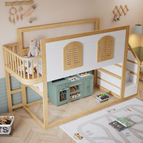 Lit superposé en bois massif, lit enfant avec placard-escalier, aire de jeux et fenêtre, sommier robuste, pin + MDF + contreplaqué, blanc et naturel, 90x200 cm (1/5)