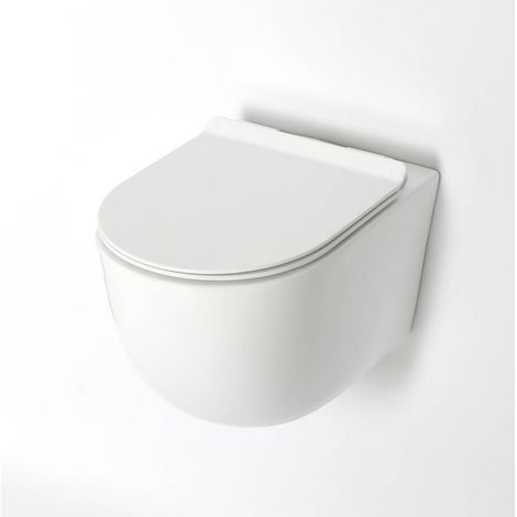 Milano Overton White Ceramic Bathroom Wall Hung Round Rimless Toilet WC with Soft Close Seat
