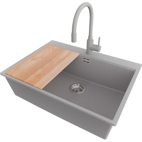PRIMAGRAN Evier Cuisine en Granit 68x50cm,Lavabo 1 bac + Robinet 38x14cm + Kit de Vidage + Planche à Découper, Évier à Encastrer au meuble 70cm - Oslo, Gris (1/5)