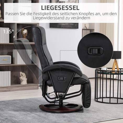 Fauteuil pivotant rembourré similicuir noir, repose-pieds, base en bois inclinable (1/5)