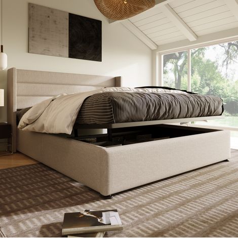 Bett mit Stauraum Leinen Beige 160x200 cm, hydraulisch hochklappbar, gepolstertes Kopfteil (1/5)