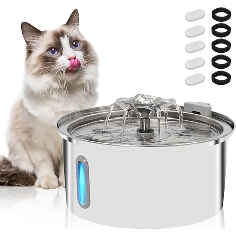 Fontaine à eau pour chat en acier inoxydable : 3,2 l Distributeur automatique d'eau pour chats et chatons, fontaine d'arrosage d'intérieur avec 5 filtres inclus (1/5)