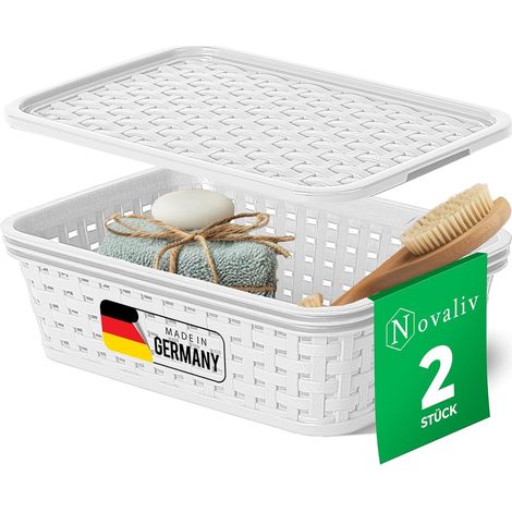 Novaliv Lot de 2 paniers de rangement élégants avec couvercles en rotin blanc, plastique alimentaire, 1 L, idéal pour la salle de bain et le