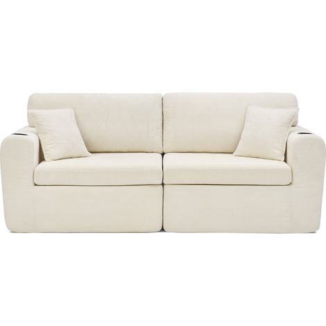 CHICFURN Sofá relax 2 plazas 220x100x89 cm en chenilla beige, bolsillo lateral, portavasos, USB (1/5)