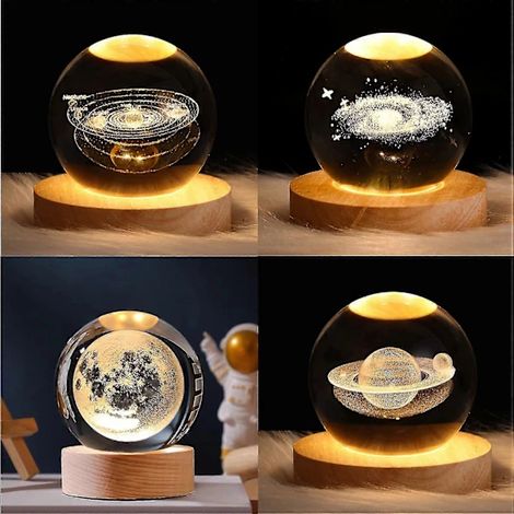 Veilleuse boule de cristal 3D représentant les planètes du système solaire, avec socle en bois et gravure 3D. Décoration solaire pour la maison. (1/5)