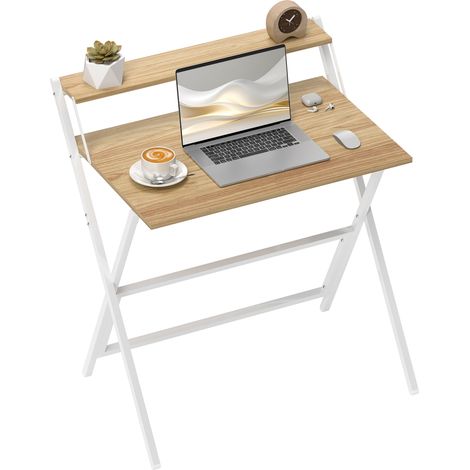 Scrivania Pieghevole con Ripiano per Monitor, 81.5x62x86.5 cm, Legno e Bianco