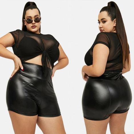 Women's high-waisted, three-point stretch faux leather yoga shorts for fitness, gym, running, dance, athletics, sportswear, black, size M (1/5)