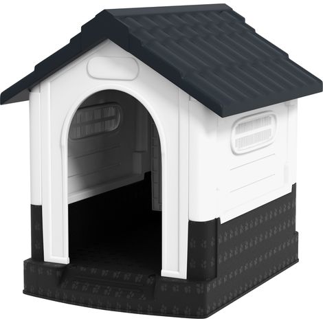 Mini niche d'extérieur en plastique pour chien, avec 3 fenêtres, fond surélevé et toit incliné, 64,5 x 57 x 66 cm, gris foncé (1/5)