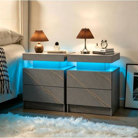 Mesita de noche 58x41.5x36 cm, luces LED multicolor ajustables, 2 cajones y compartimento abierto, tablero de partículas, gris y dorado (1/5)