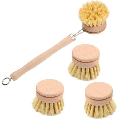Brosse a Vaisselle De Cuisine, Brosse À Vaisselle Longue Manche,Brosses De Nettoyage En Bois Avec 3 Têtes De Rechange - 1Set (1/4)