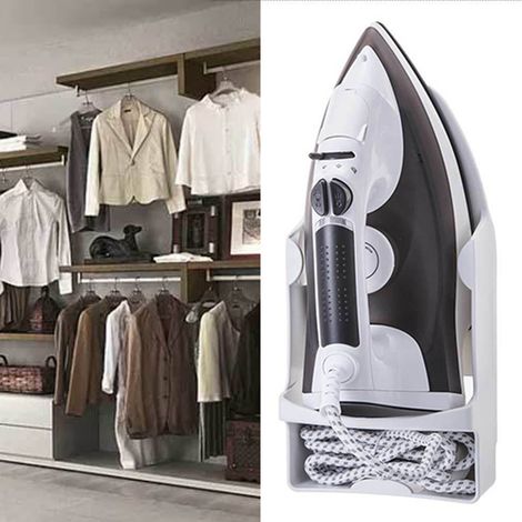 Wandmontierter Bügeleisenhalter, hitzebeständig, mit Haken, weiß, ideal für Kleiderschränke und Hotels. (1/5)